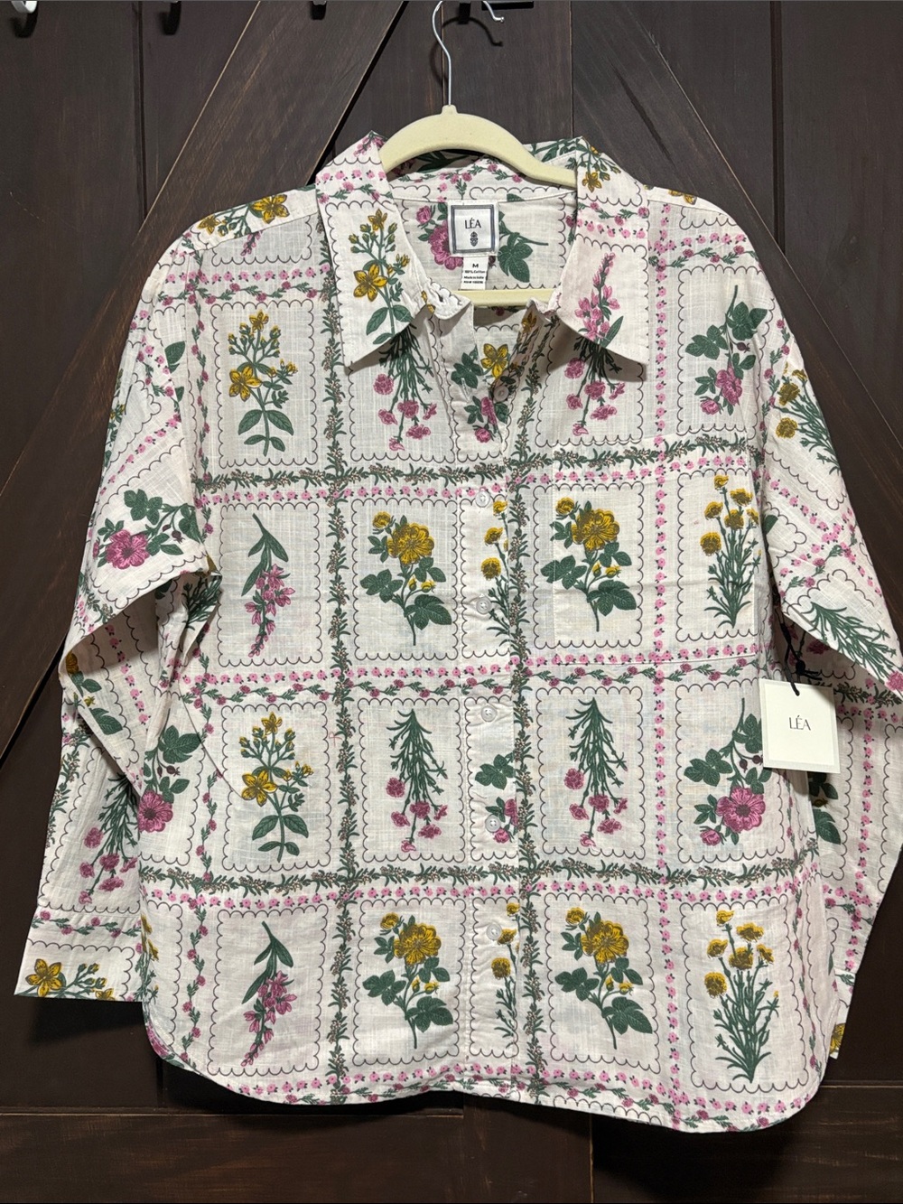 LEA-Floral Panel Button-Down Shirt - Cream with Green & Pink